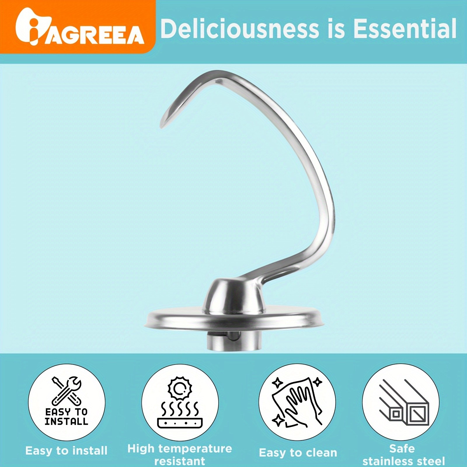 IAGREEA Stainless Spiral Dough Hook Heavy-Duty Mixer Attachment for Bread & Pizza