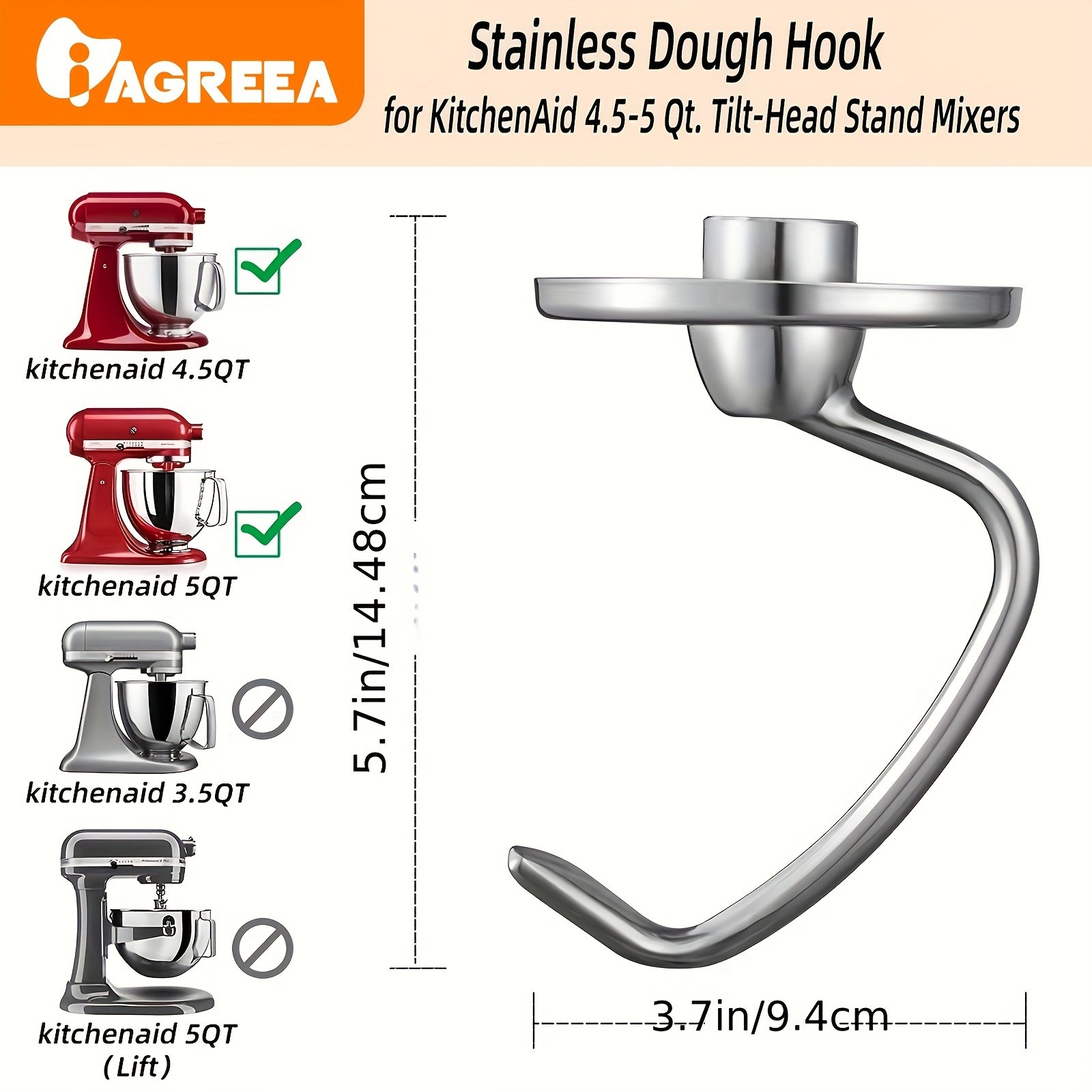 IAGREEA Stainless Spiral Dough Hook Heavy-Duty Mixer Attachment for Bread & Pizza
