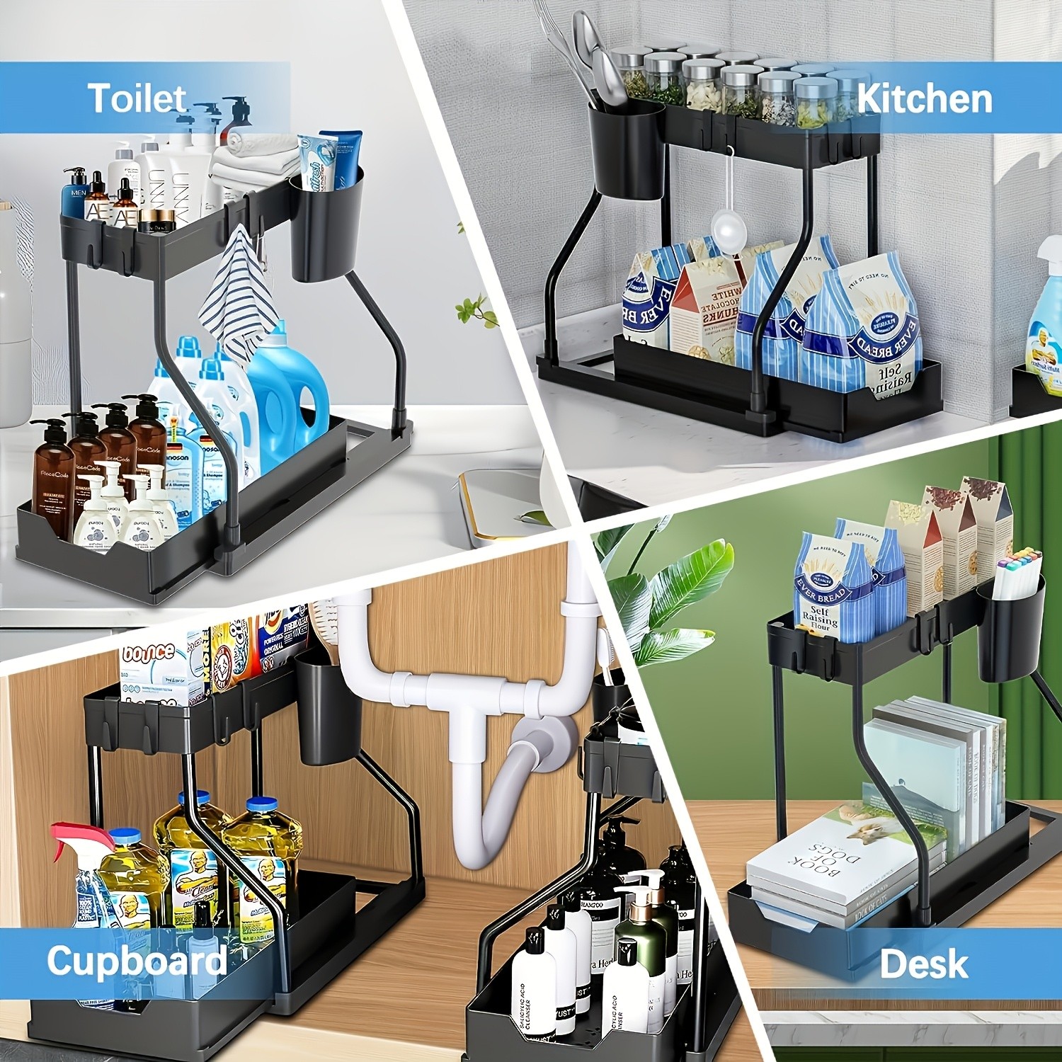 WIEZ Multi-Tier Pull-Out Kitchen Sink Organizer Durable Space-Saving Storage Rack with Removable Shelves
