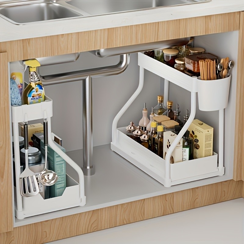 WIEZ Multi-Tier Pull-Out Kitchen Sink Organizer Durable Space-Saving Storage Rack with Removable Shelves