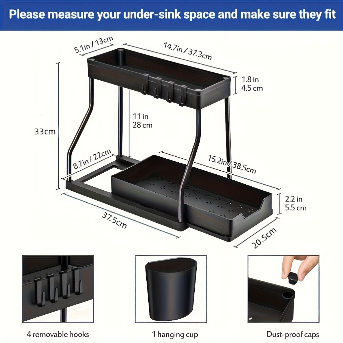 WIEZ Multi-Tier Pull-Out Kitchen Sink Organizer Durable Space-Saving Storage Rack with Removable Shelves