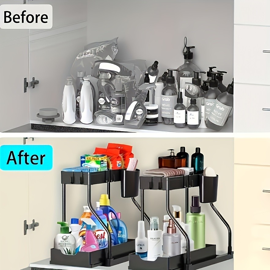 WIEZ Multi-Tier Pull-Out Kitchen Sink Organizer  Durable Space-Saving Storage Rack with Removable Shelves