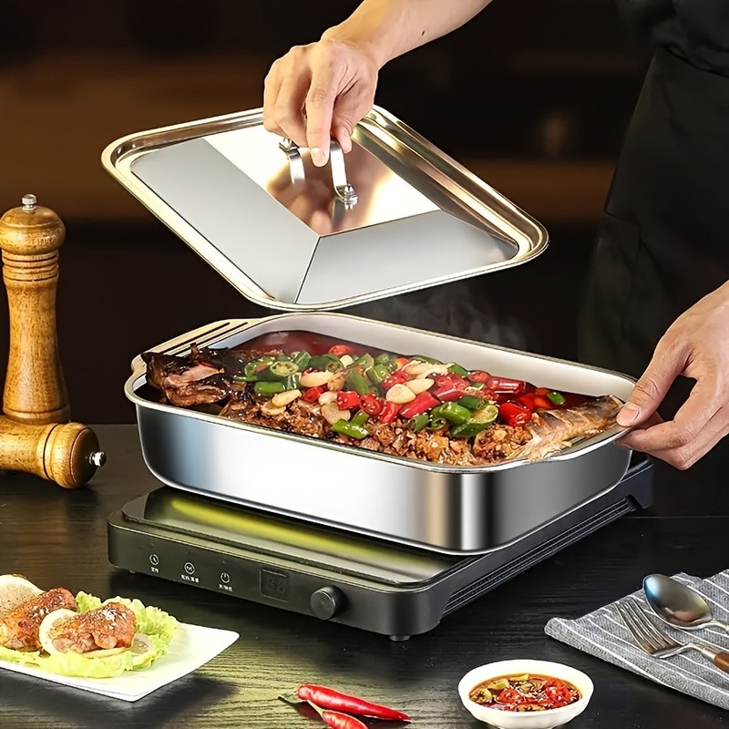 WIEZ Heavy-Duty 410 Stainless Steel Baking Tray Set  Non-Stick Rectangular Oven Trays with Lids for Bread, Desserts & BBQ