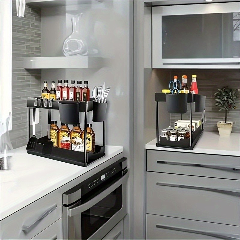 WIEZ 2-Layer Sliding Sink Storage Rack Multi-Tier Cabinet Organizer with Drawers & Hooks for Kitchen and Bathroom