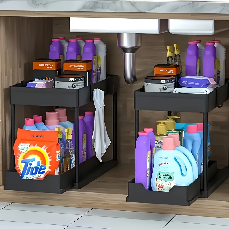 WIEZ 2-Layer Sliding Sink Storage Rack Multi-Tier Cabinet Organizer with Drawers & Hooks for Kitchen and Bathroom