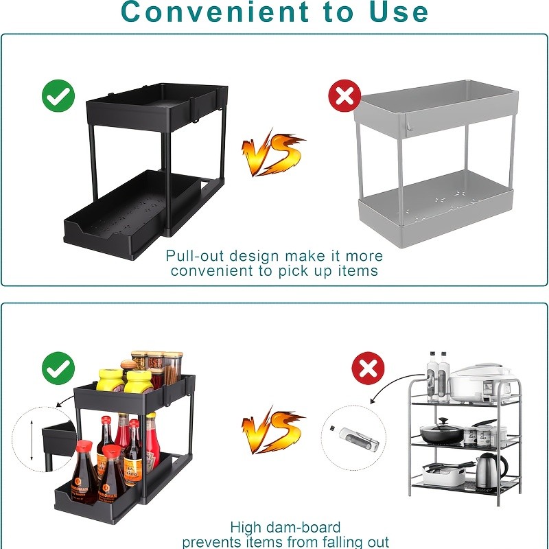 WIEZ 2-Layer Sliding Sink Storage Rack Multi-Tier Cabinet Organizer with Drawers & Hooks for Kitchen and Bathroom
