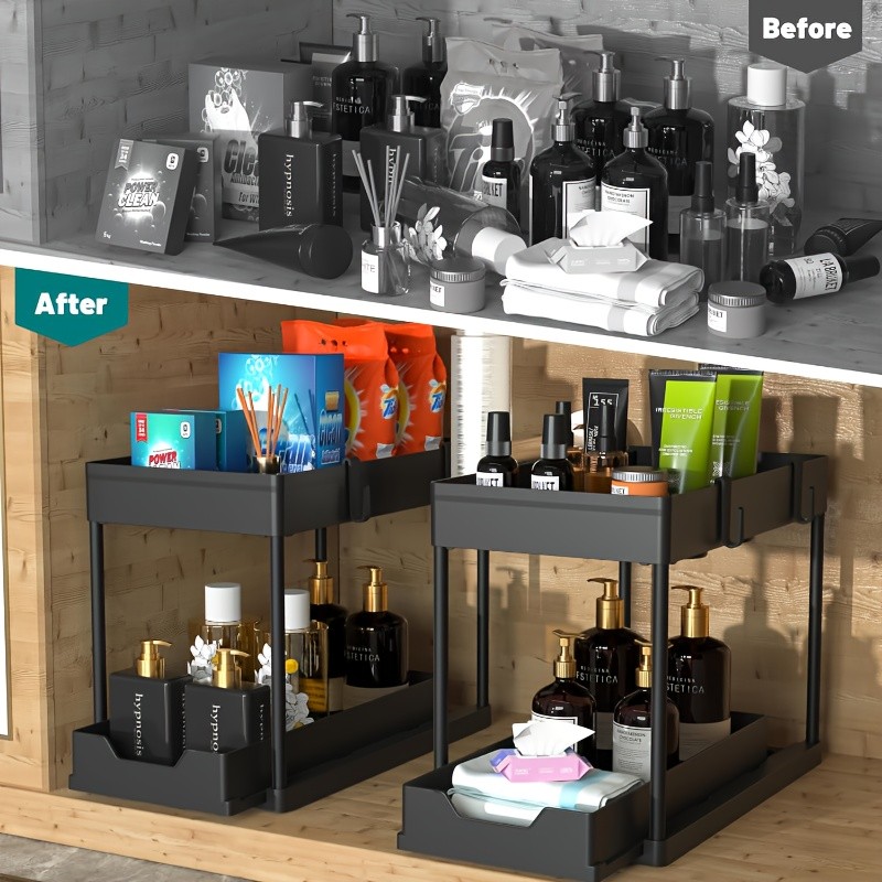 WIEZ 2-Layer Sliding Sink Storage Rack Multi-Tier Cabinet Organizer with Drawers & Hooks for Kitchen and Bathroom