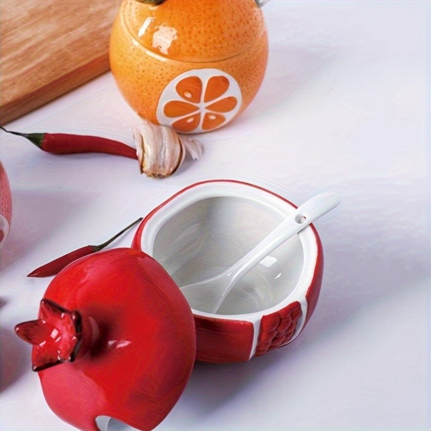 WIEZ Ceramic Fruit-Shaped Salt & Pepper Shakers Decorative Lidded Jars with Spoons for Spices, Sugar & Tea