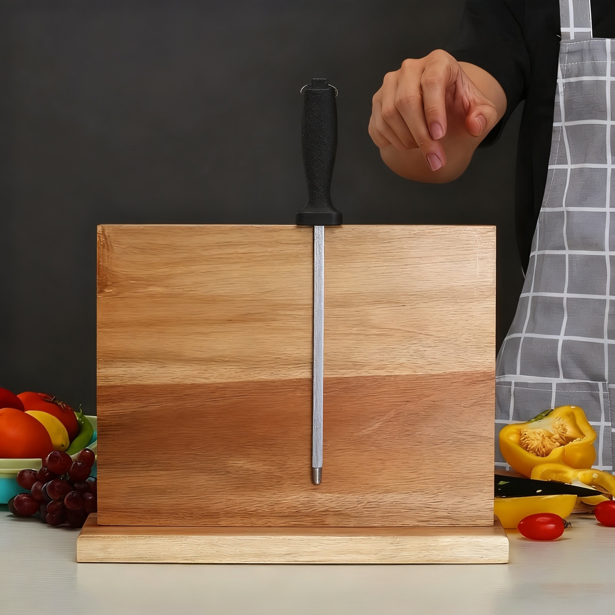 WIEZ Double-Sided Magnetic Acacia Knife Block  Enhanced Magnetic Strip Countertop Organizer for Safe, Space-Saving Storage