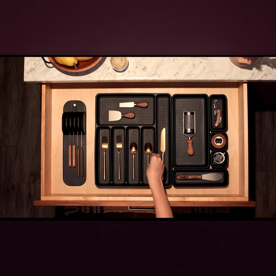 WIEZ 5-Slot Plastic & Silicone Knife Storage Rack Soft-Edge Non-Slip Drawer Organizer for Space-Saving Kitchen Safety