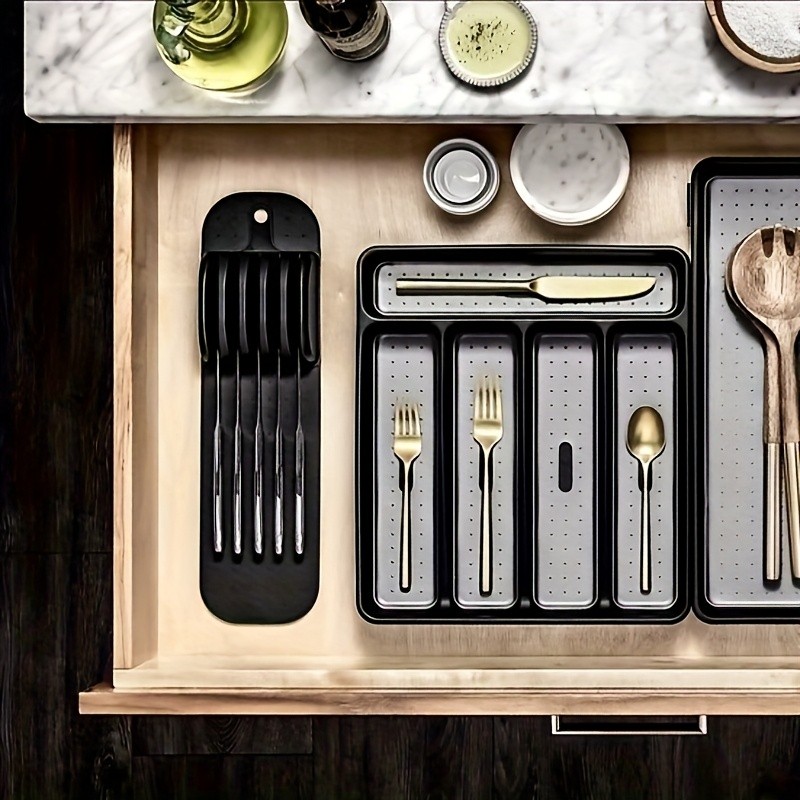 WIEZ 5-Slot Plastic & Silicone Knife Storage Rack Soft-Edge Non-Slip Drawer Organizer for Space-Saving Kitchen Safety