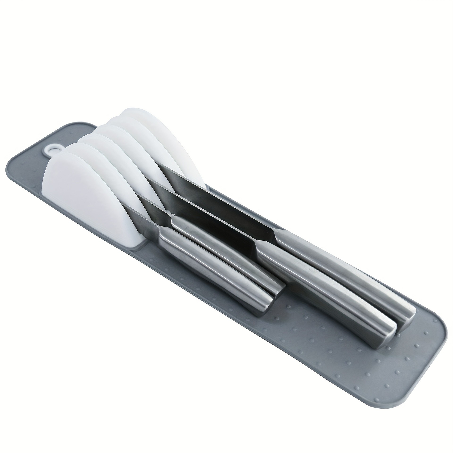 WIEZ 5-Slot Plastic & Silicone Knife Storage Rack Soft-Edge Non-Slip Drawer Organizer for Space-Saving Kitchen Safety