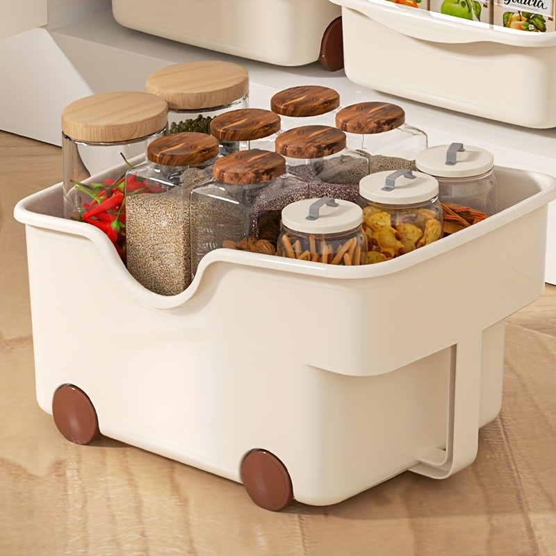 WIEZ Plastic Cabinet Storage Box with Wheels Durable Rolling Basket with Handle for Space-Saving Kitchen & Wardrobe Organisation