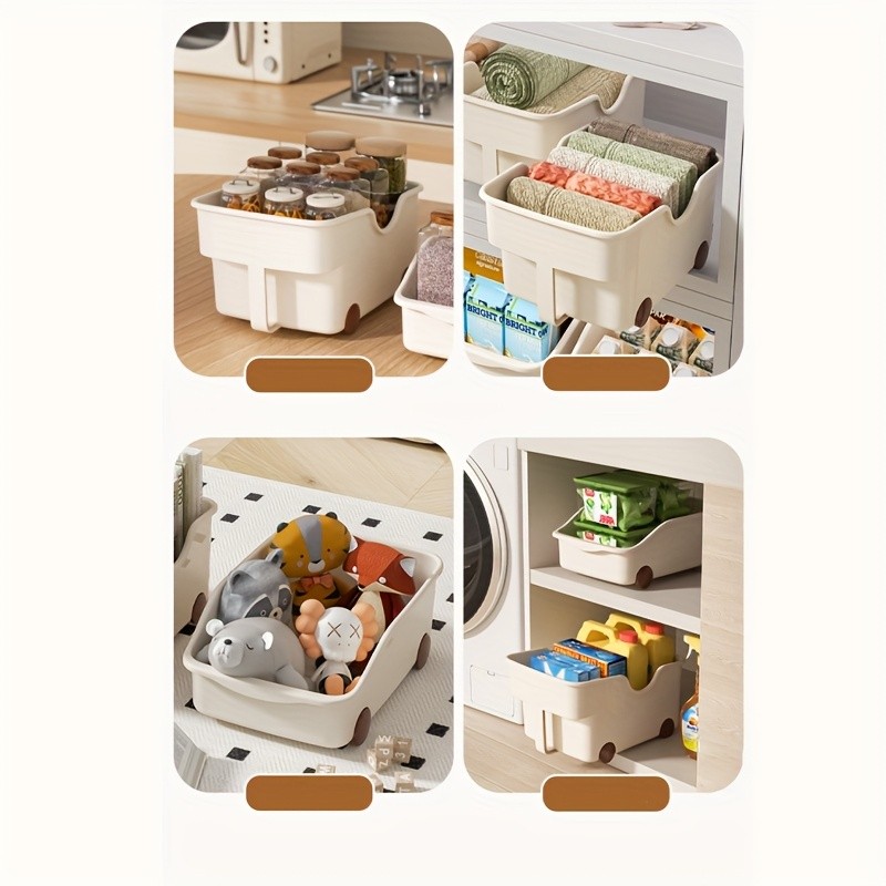 WIEZ Plastic Cabinet Storage Box with Wheels Durable Rolling Basket with Handle for Space-Saving Kitchen & Wardrobe Organisation
