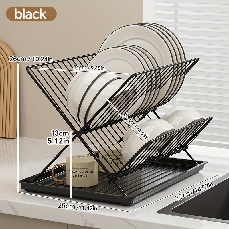 WIEZ Stainless Steel 2-Layer X-Shaped Foldable Dish Drying Rack Space-Saving Countertop Dryer for Bowls, Plates & Utensils
