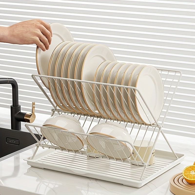 WIEZ Stainless Steel 2-Layer X-Shaped Foldable Dish Drying Rack Space-Saving Countertop Dryer for Bowls, Plates & Utensils