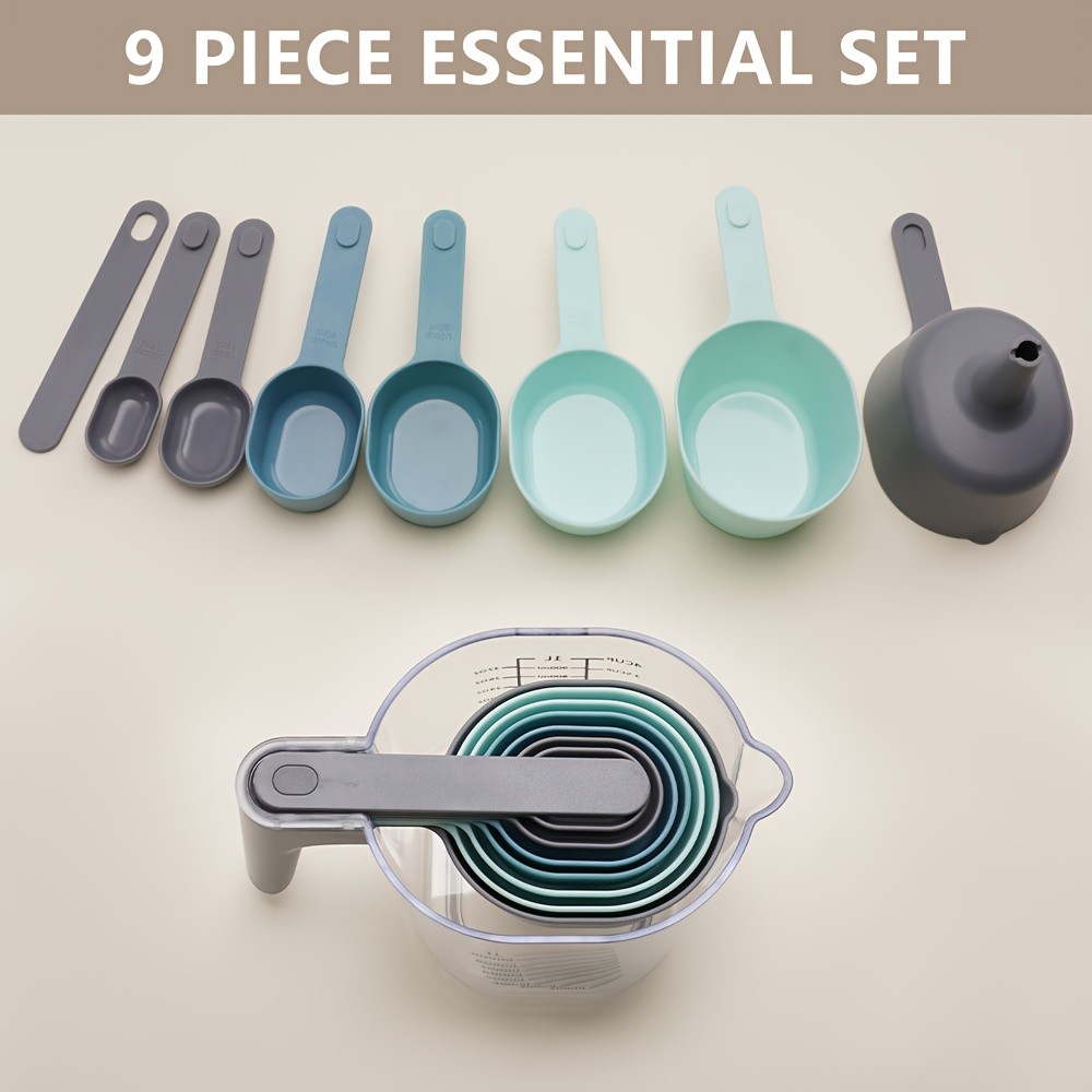 WIEZ 9-Piece Color-Coded Measurement Set Stackable Cups, Spoons, Funnel & Scraper for Precise Baking & Cooking