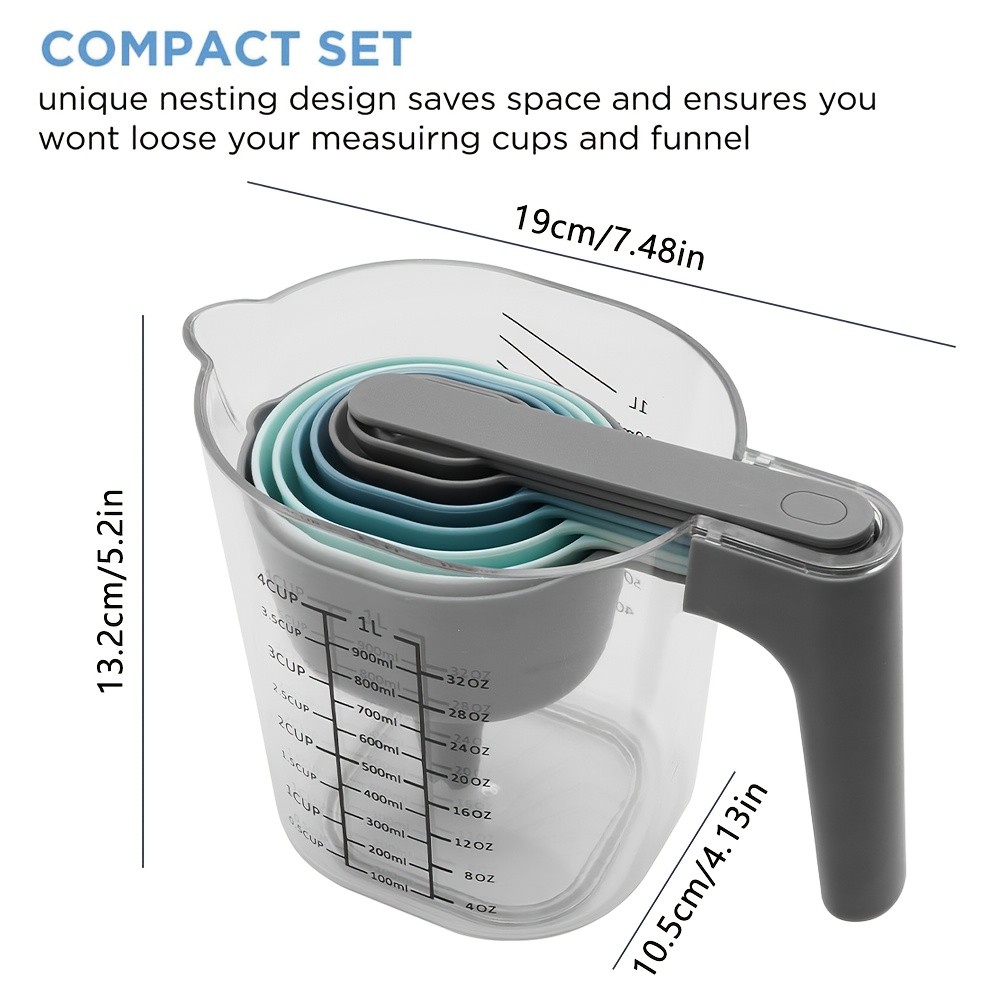 WIEZ 9-Piece Color-Coded Measurement Set Stackable Cups, Spoons, Funnel & Scraper for Precise Baking & Cooking