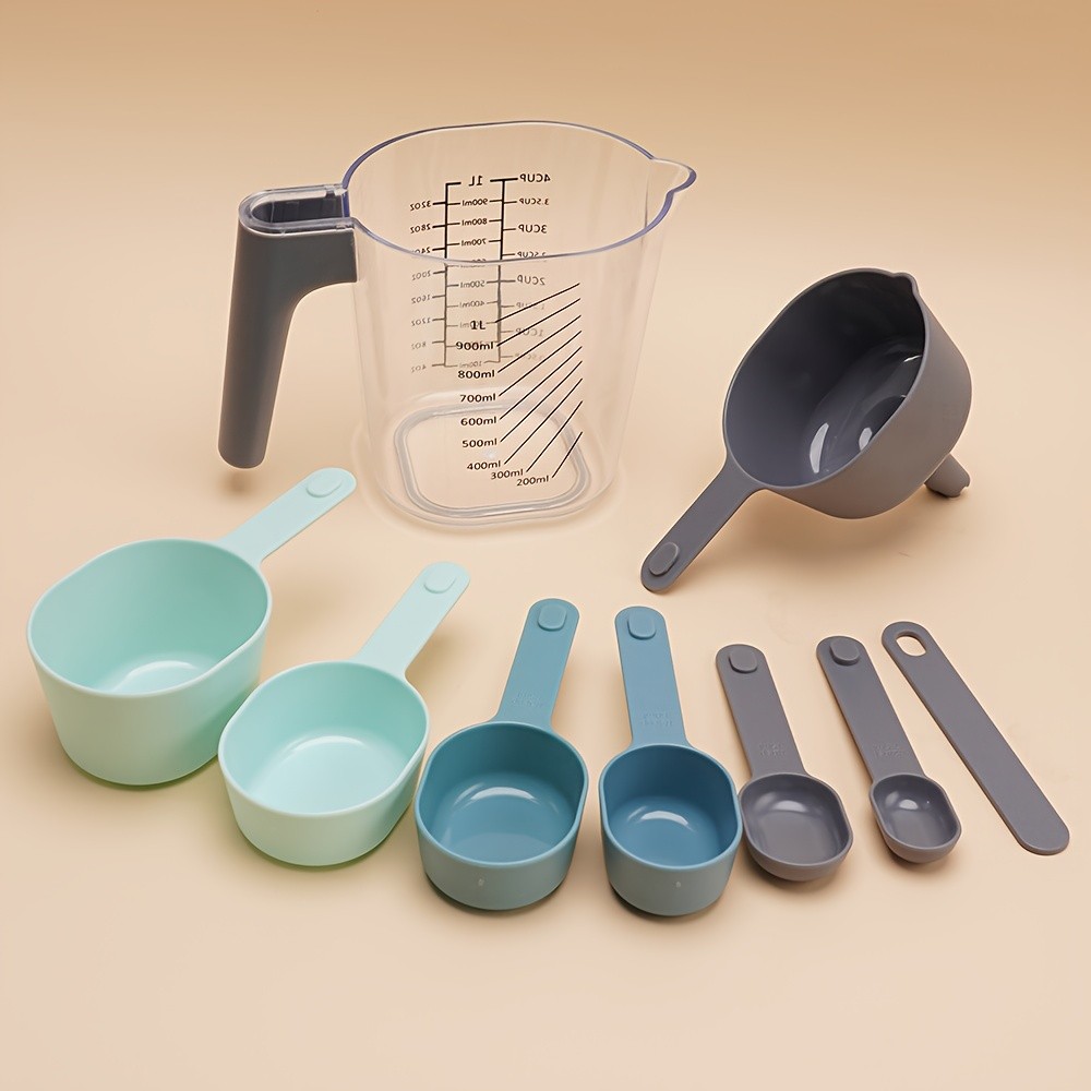 WIEZ 9-Piece Color-Coded Measurement Set Stackable Cups, Spoons, Funnel & Scraper for Precise Baking & Cooking