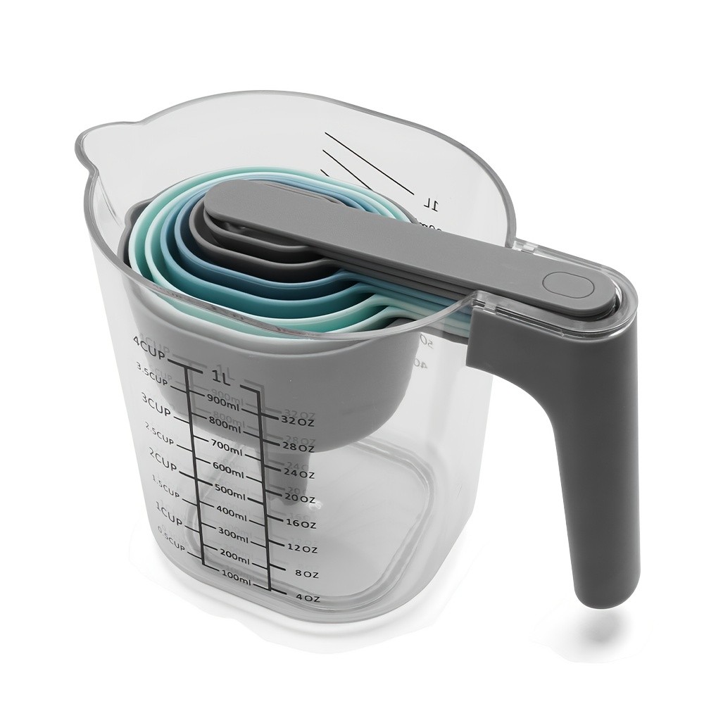 WIEZ 9-Piece Color-Coded Measurement Set Stackable Cups, Spoons, Funnel & Scraper for Precise Baking & Cooking