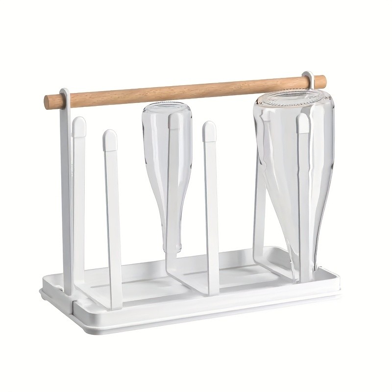 WIEZ 6-Cup Metal Drying Rack with Wooden Handle Mug, Beer Cup & Bottle Organizer with Water Tray