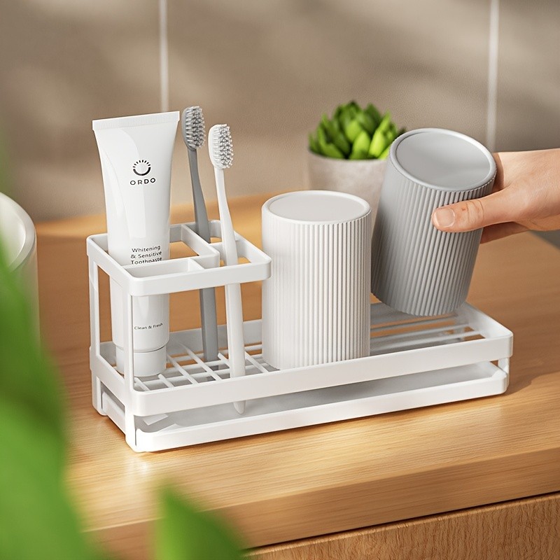 WIEZ Stainless Steel Toothbrush & Toothpaste Organizer No-Drill Space-Saving Rack for Countertops & Bathroom Walls