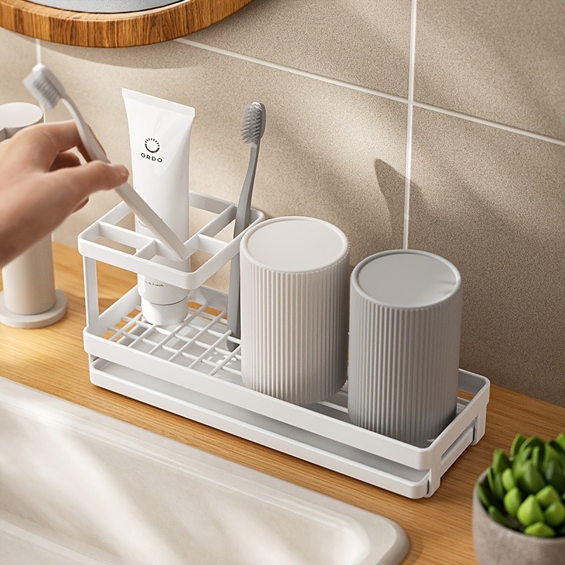 WIEZ Stainless Steel Toothbrush & Toothpaste Organizer No-Drill Space-Saving Rack for Countertops & Bathroom Walls