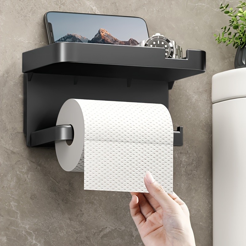 LDQ Luxury Self-Adhesive Wall-Mounted Tissue Holder  Modern Space-Saving Bathroom Rack with Built-In Storage Shelf