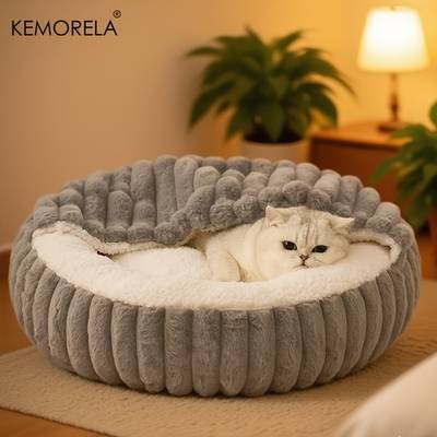 KEMORELA Calming Warm Kitten Bed Round Hooded Plush Cat Cave