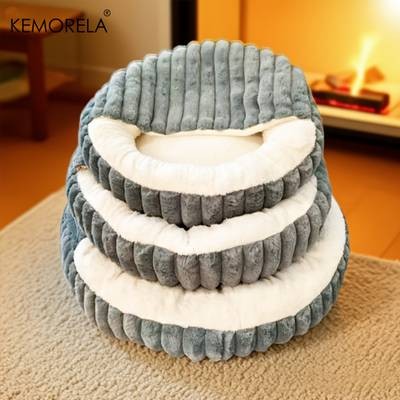 KEMORELA Calming Warm Kitten Bed Round Hooded Plush Cat Cave