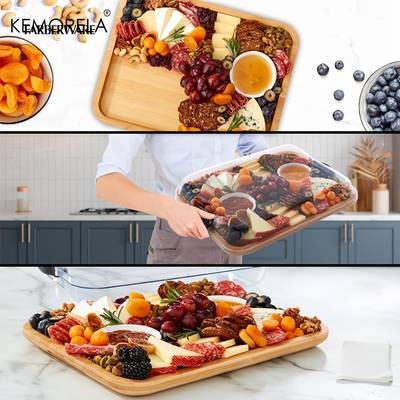 KEMORELA Large Charcuterie Plate with Lid Elegant Wooden Serving Board for Cheese, Snacks & Parties