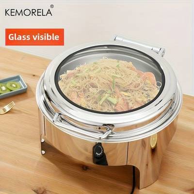 KEMORELA Golden Stainless Steel Hot Pot Buffet Set Round Chafing Dish with Glass Window & Stand