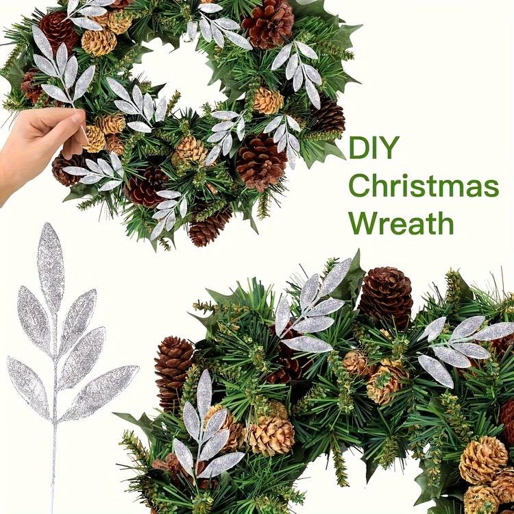 NLDD 16-Piece Artificial Glitter Leaf Spray Pick Set  Silvery Christmas Decor Branches (13)