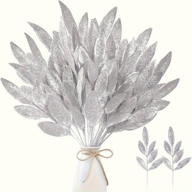NLDD 16-Piece Artificial Glitter Leaf Spray Pick Set Silvery Christmas Decor Branches (13)