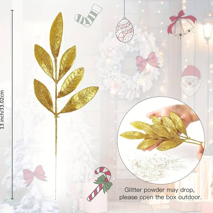 NLDD 16-Piece Artificial Glitter Leaf Spray Pick Set Silvery Christmas Decor Branches (13)