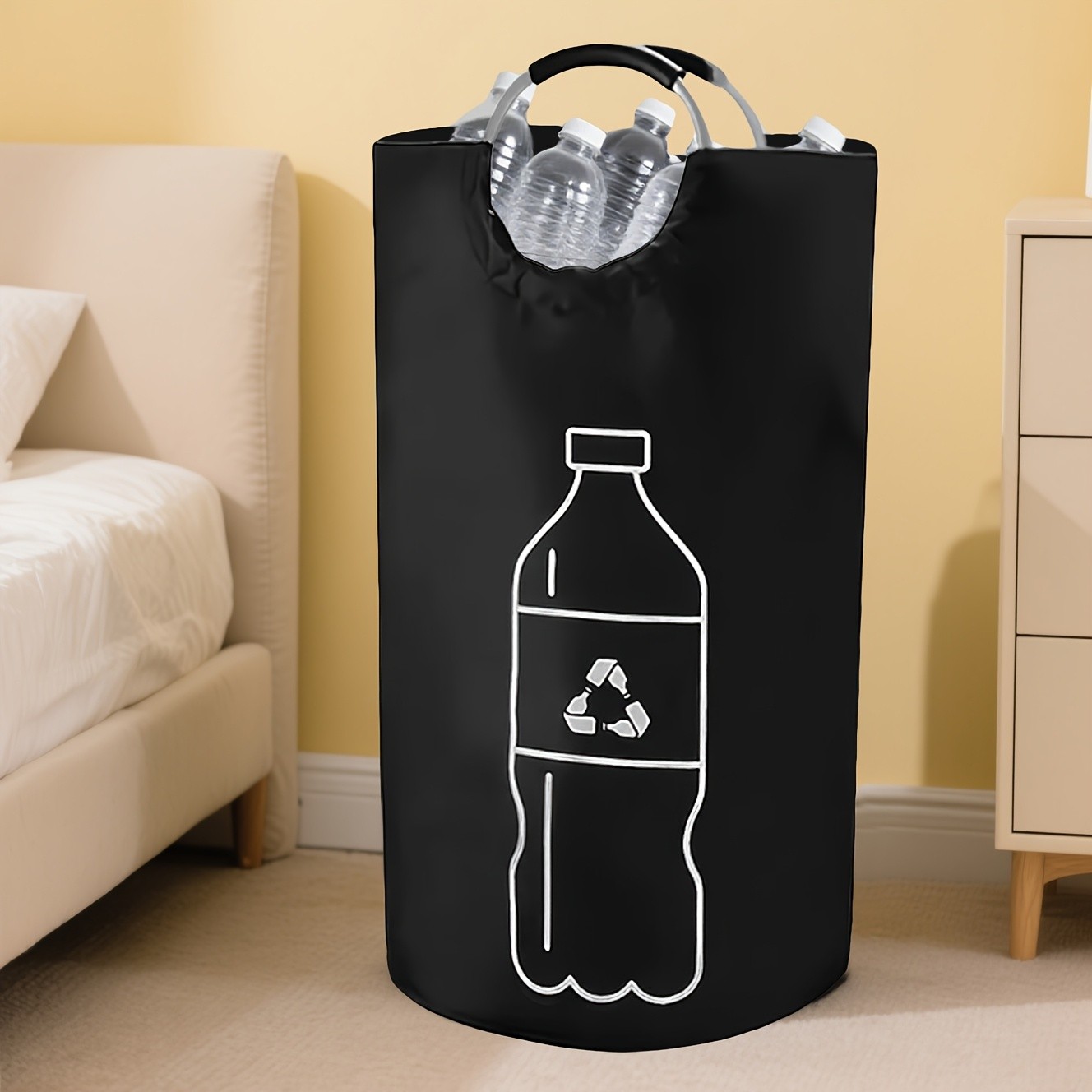 MCMLS Extra-Large Foldable Recycling Bin Cylindrical Open-Top Storage Basket for NZ Bottles & Home Organisation