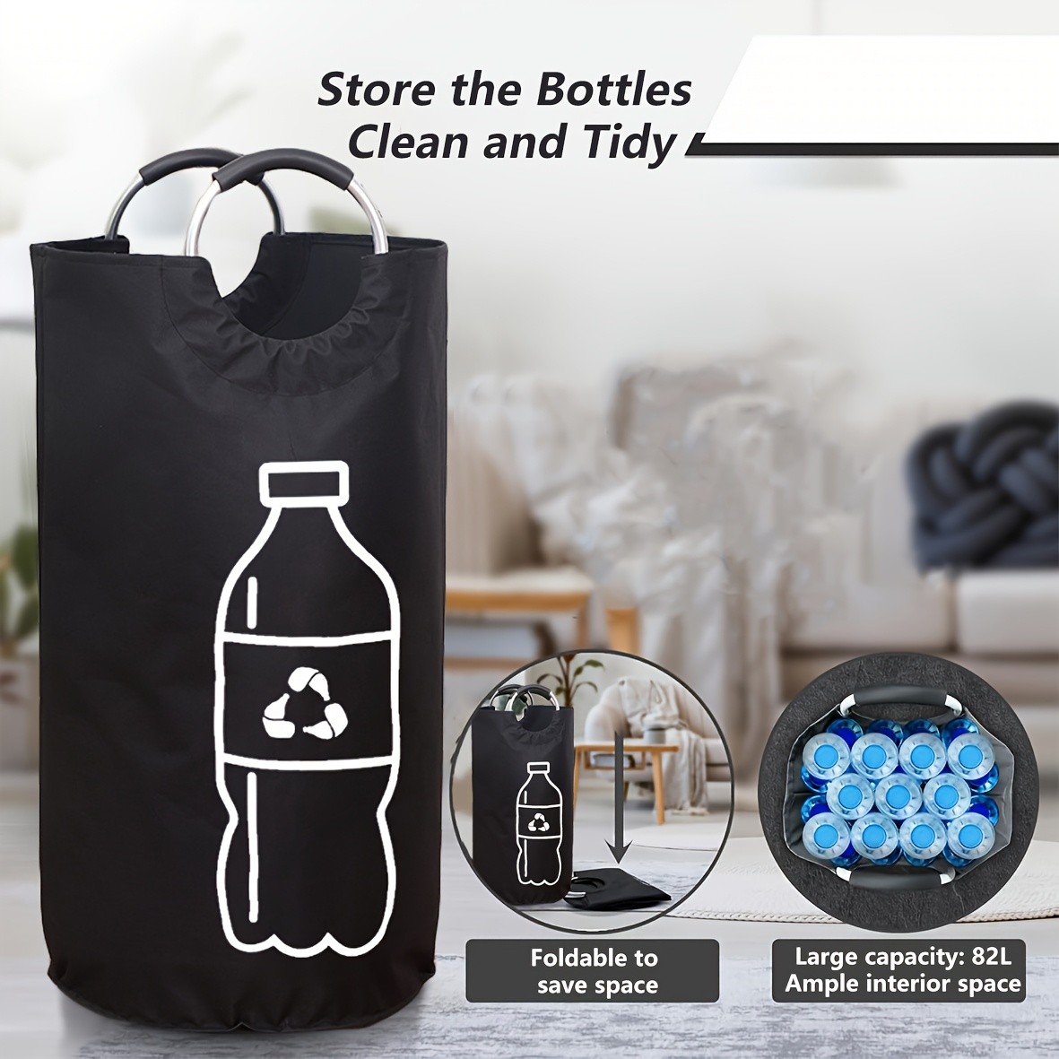 MCMLS Extra-Large Foldable Recycling Bin  Cylindrical Open-Top Storage Basket for NZ Bottles & Home Organisation
