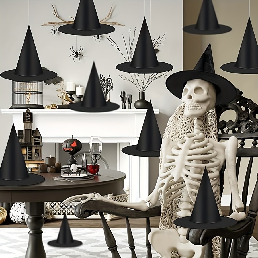 MCMLS Halloween Floating Witch Hat Set 12pcs Black Hanging Wizard Hats for NZ Indoor & Outdoor Party Dcor