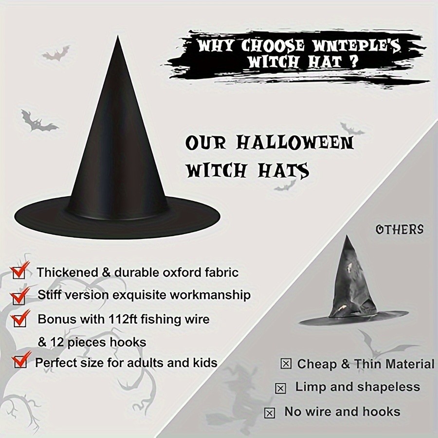 MCMLS Halloween Floating Witch Hat Set 12pcs Black Hanging Wizard Hats for NZ Indoor & Outdoor Party Dcor