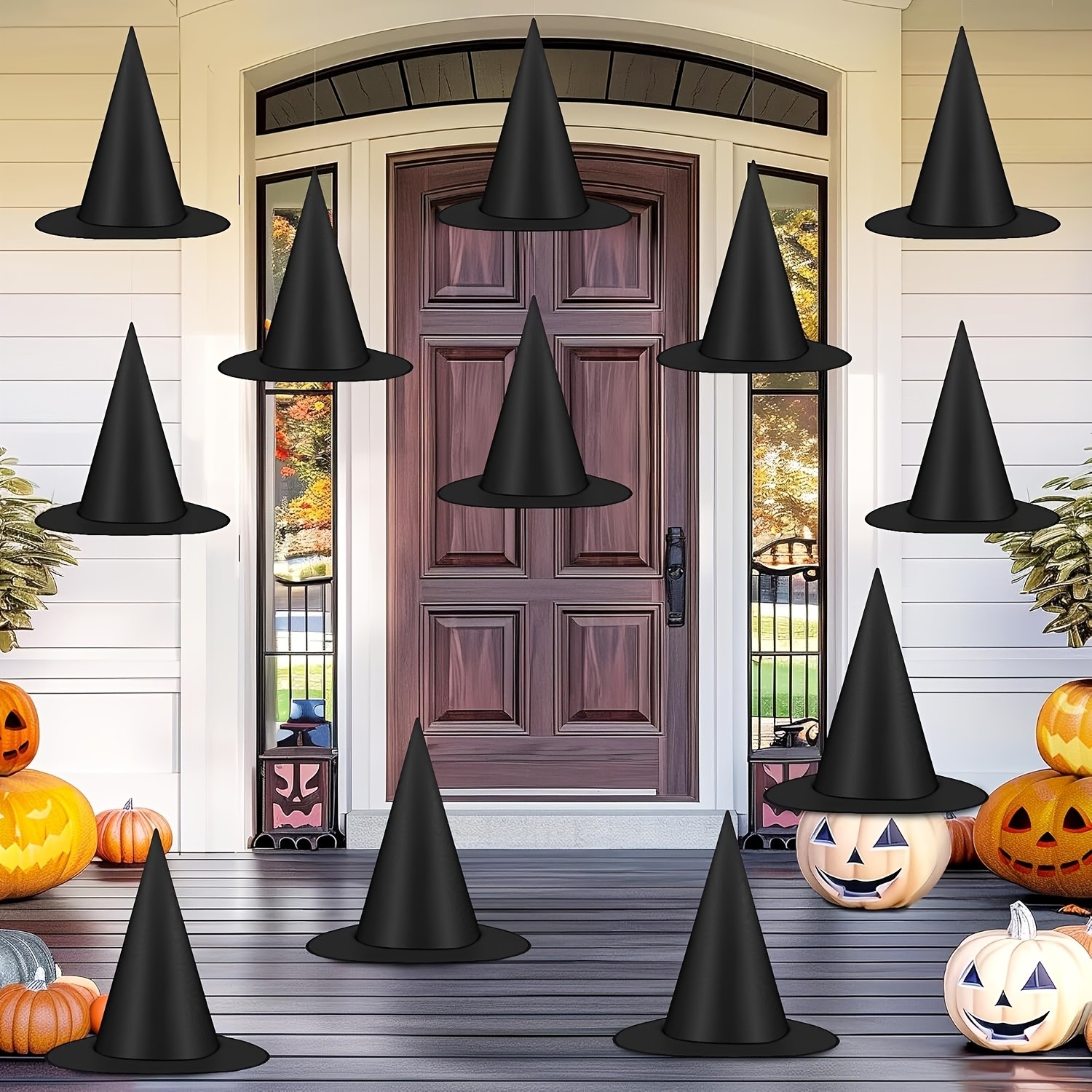 MCMLS Halloween Floating Witch Hat Set 12pcs Black Hanging Wizard Hats for NZ Indoor & Outdoor Party Dcor
