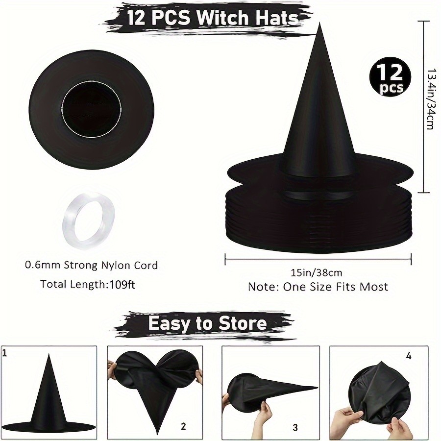 MCMLS Halloween Floating Witch Hat Set 12pcs Black Hanging Wizard Hats for NZ Indoor & Outdoor Party Dcor