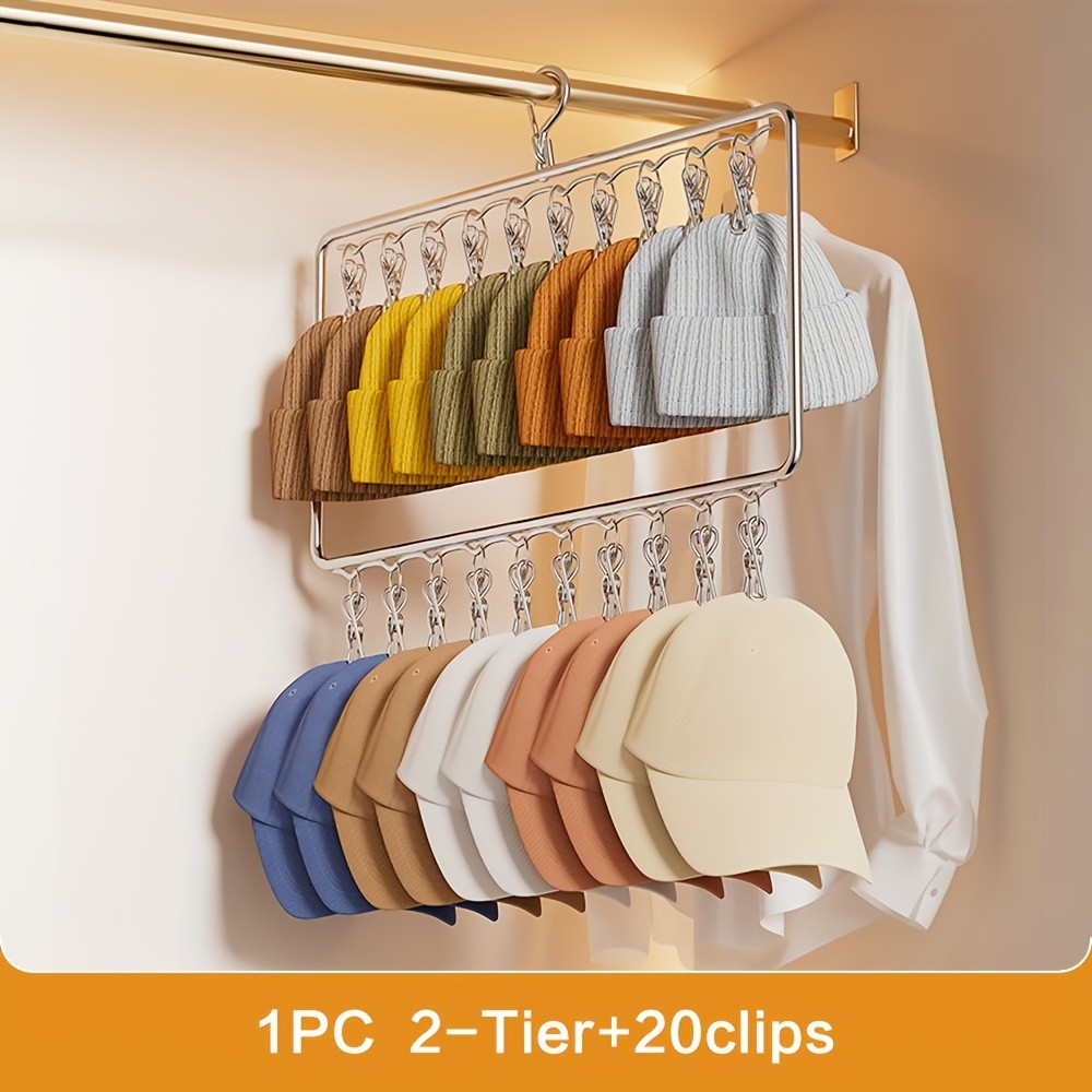 MCMLS Heavy-Duty Stainless Steel 2-Tier Hat Hanger Organizer 20-Clip Over-Door/ Ceiling Mount for NZ Closet & Laundry Storage