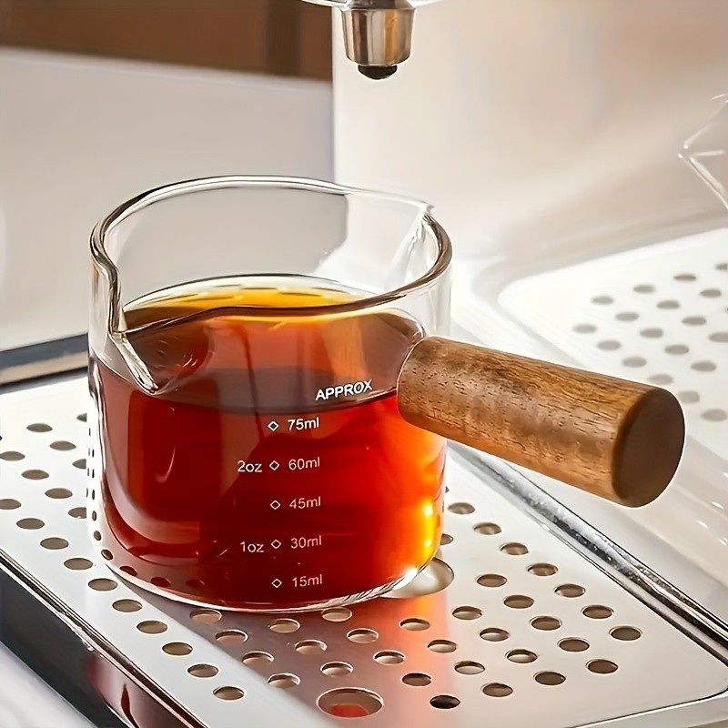 YUHUPHYLLIC Clear Glass Measuring Cup 2.6oz Precision Scale with Wooden Handle for Espresso & Coffee Brewing