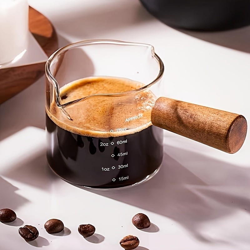 YUHUPHYLLIC Clear Glass Measuring Cup 2.6oz Precision Scale with Wooden Handle for Espresso & Coffee Brewing