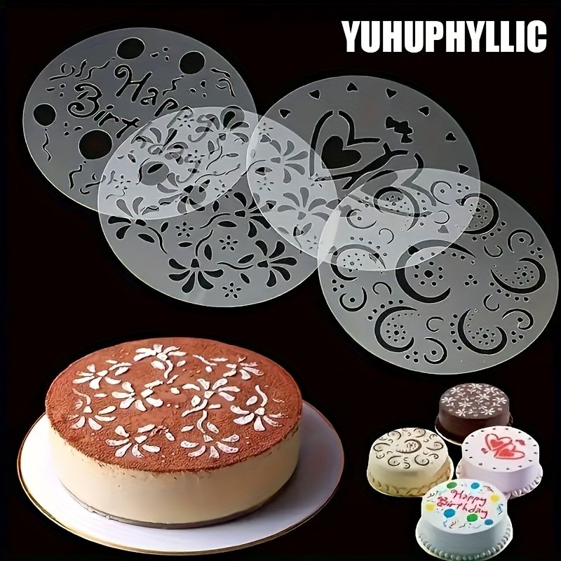 YUHUPHYLLIC 4pcs Cake Decorating Stencil Set PVC Tools for Cupcakes, Weddings & Parties