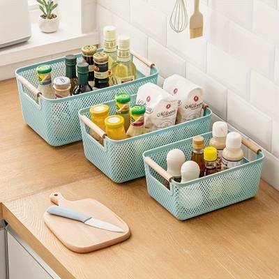 FARIDABIO 3pcs Plastic Storage Baskets with Double Wooden Handles Lightweight, Multi-Purpose Organizers