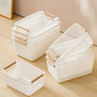 FARIDABIO 3pcs Plastic Storage Baskets with Double Wooden Handles  Lightweight, Multi-Purpose Organizers