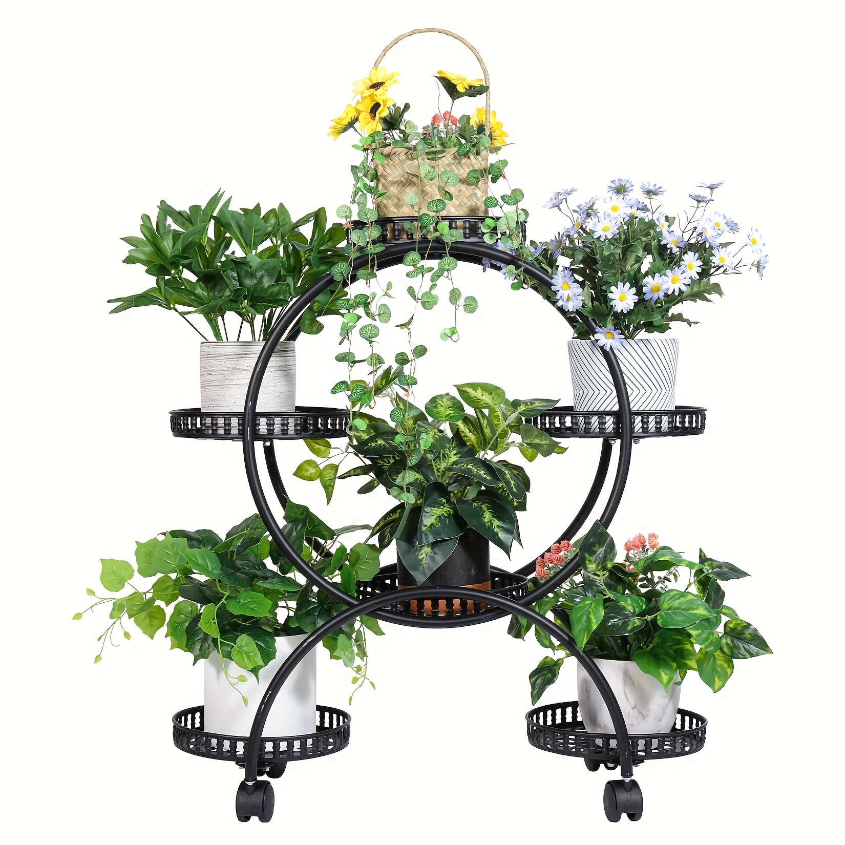 wisfor 6 Pot Metal Plant Stand Multi-Layer, Rolling Plant Rack for Indoor and Outdoor Use