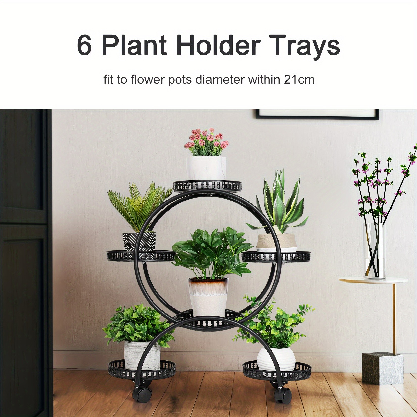 wisfor 6 Pot Metal Plant Stand Multi-Layer, Rolling Plant Rack for Indoor and Outdoor Use