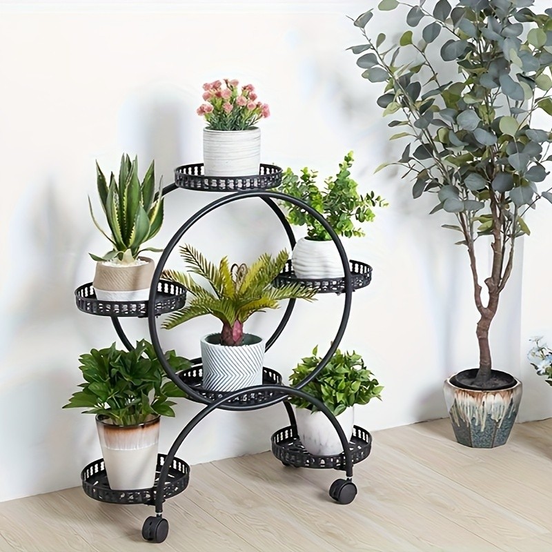 wisfor 6 Pot Metal Plant Stand Multi-Layer, Rolling Plant Rack for Indoor and Outdoor Use